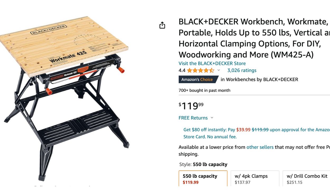 BLACK+DECKER Workbench, Workmate, Portable, Holds Up to 550 lbs, Vertical  and Horizontal Clamping Options, For DIY, Woodworking and More (WM425-A) 